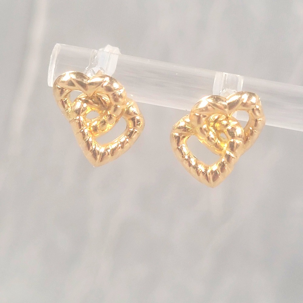 14K Yellow Gold Double Open Heart Love Knot Stud Earrings 0.36g